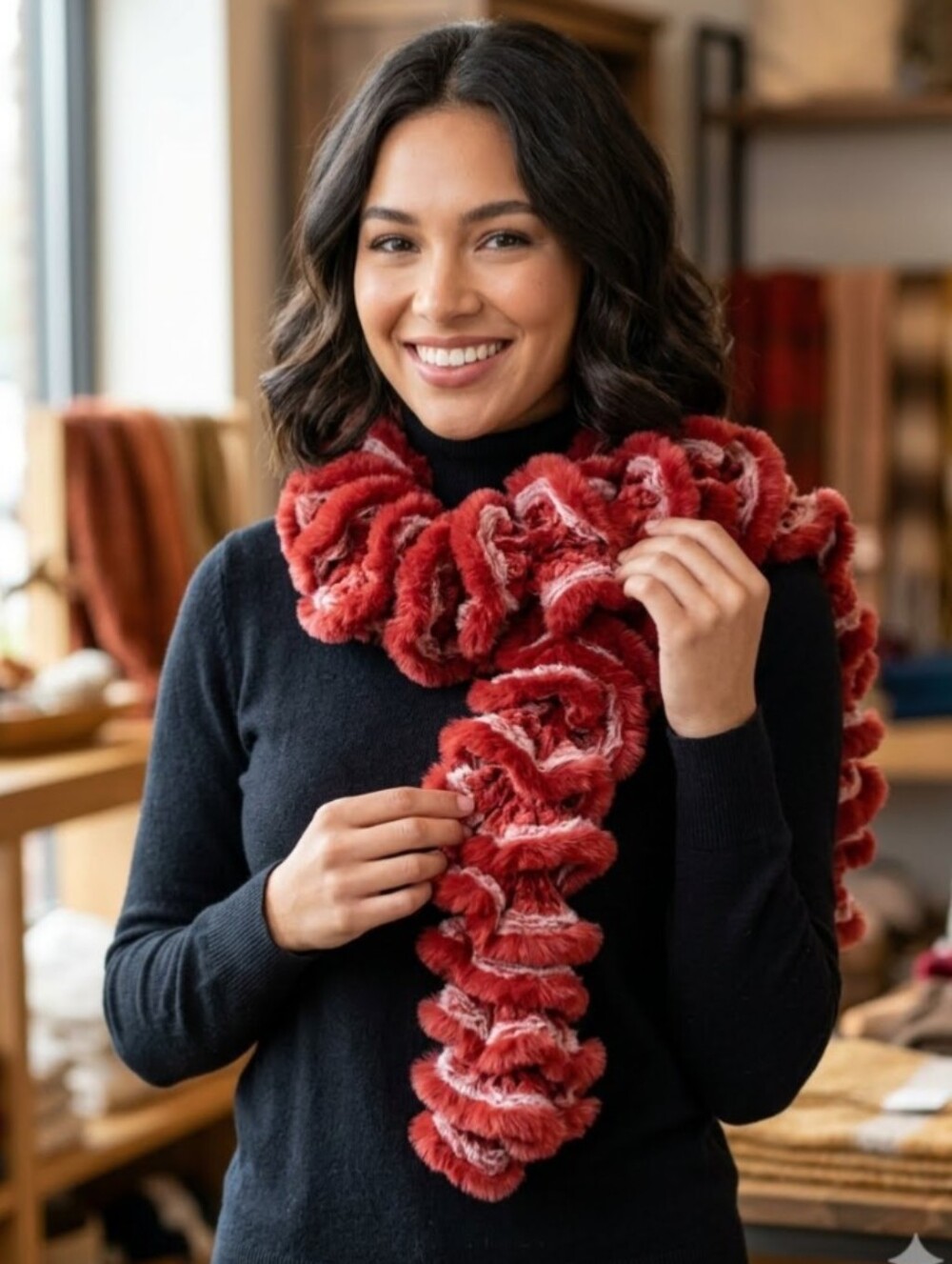 Handmade Faux Fur Ruffle Knit Scarf Cherry Red
